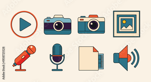 A set of colorful vector icons representing media and communication tools