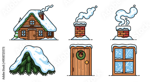 A set of winter cabin icons with snow covered roof and chimney