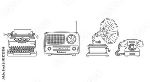 A set of vintage communication devices in a minimalist line art style