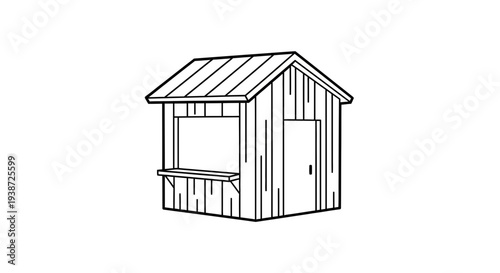 Simple Wooden Booth or Kiosk with Serving Window and Door, Line Art Illustration