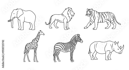 A minimalist vector illustration of six wild animals in a simple line art style