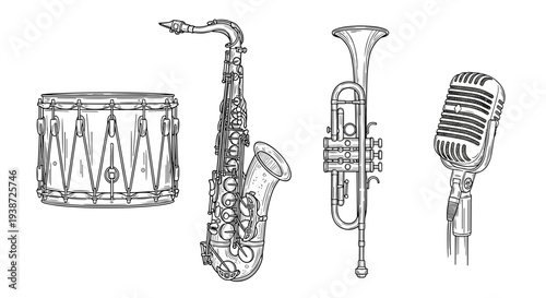 A vector graphic illustration of musical instruments including a drum, saxophone, trumpet, and microphone.