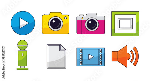 A set of colorful icons representing various media and symbols