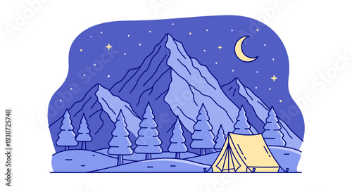 A serene camping scene at night with a tent under a starry sky and a crescent moon