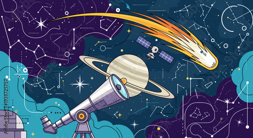 A colorful vector illustration of a telescope exploring the galaxy with stars and constellations