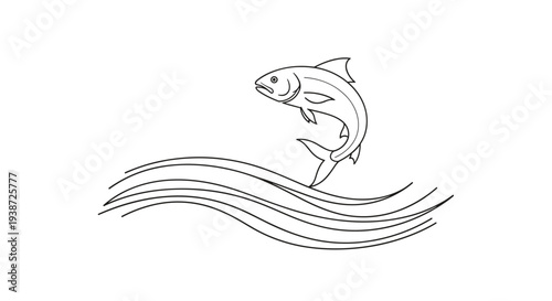 A minimalist vector illustration of a fish jumping out of wavy lines on a white background