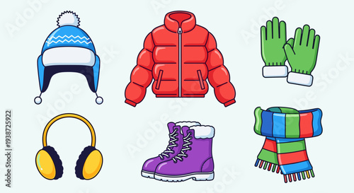 A colorful vector graphic illustration of winter clothing and accessories
