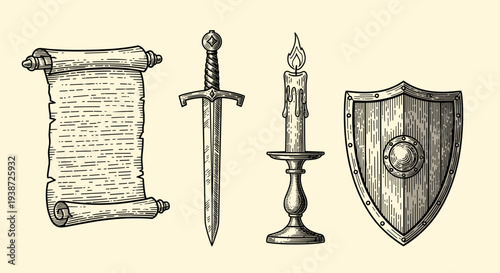 A medieval style vector graphic illustration of a scroll sword candle and shield