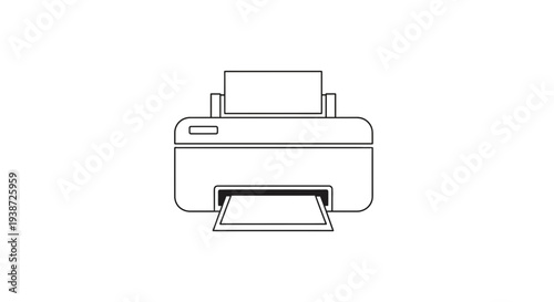 Simple Line Icon of a Printer Printing a Document on a White Background