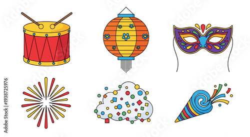 A colorful vector graphic illustration of party icons including a drum, lantern, mask, fireworks, confetti, and party horn.