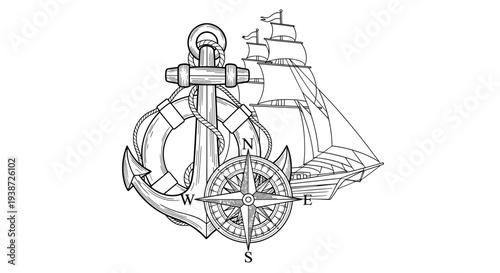 A nautical anchor and compass with a ship sailing in the background, symbolizing navigation and direction.