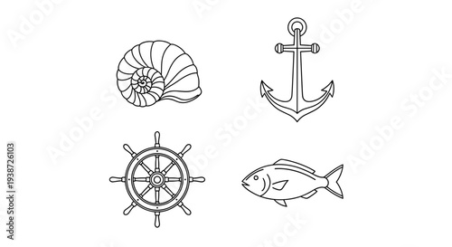 A set of nautical icons including an anchor, fish, ship wheel, and nautilus shell in a minimalist line art style