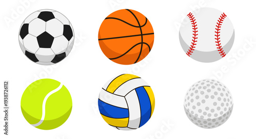 A colorful vector graphic illustration of six sports balls on a white background