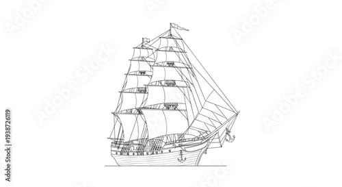 A minimalist vector illustration of a historic sailing ship with multiple masts