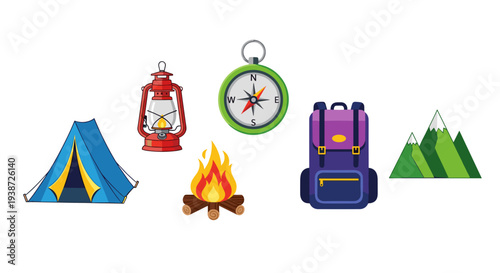 A colorful vector graphic illustration of camping icons including a tent, lantern, compass, campfire, backpack, and mountains.