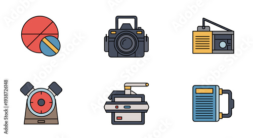 A set of six colorful vector icons representing various vintage media and technology devices on a white background