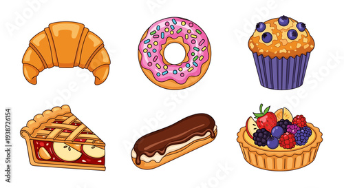 A colorful vector illustration of various sweet baked goods and desserts