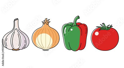 A colorful vector illustration of four vegetables including garlic, onion, bell pepper, and tomato