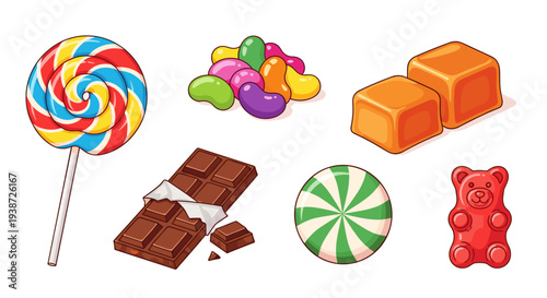 A colorful vector illustration of various candies and sweets on a white background
