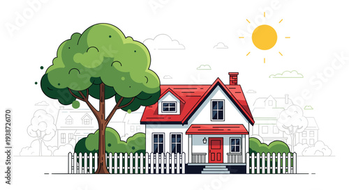 A charming cartoon house with a red roof and white picket fence under a sunny sky