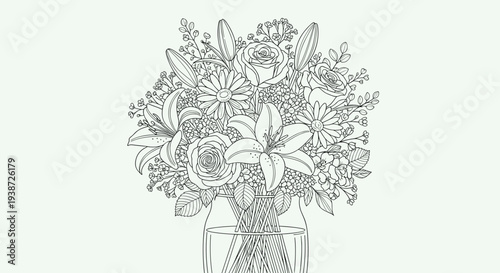 A beautiful line art illustration of a bouquet of flowers in a vase