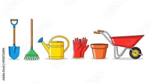 A colorful vector illustration of gardening tools and equipment on a white background