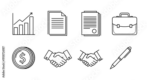 A set of business icons including a bar graph, documents, briefcase, money, handshakes, and pen in a flat minimal design style.