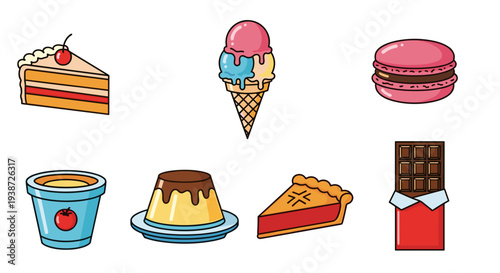 A colorful vector graphic illustration of various sweet desserts and treats