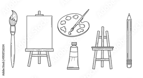 A minimalist vector illustration of art supplies on a clean white background