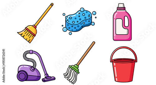 A colorful vector illustration of various cleaning tools and supplies on a white background