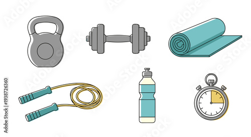 A set of fitness icons including a kettlebell, dumbbell, yoga mat, jump rope, water bottle, and stopwatch on a white background