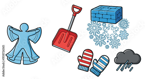 A vector graphic illustration of winter icons including an angel, shovel, snowflakes, block of ice, mittens, and rain cloud
