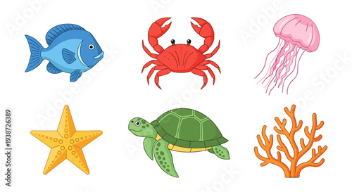 A colorful vector illustration of various sea creatures and marine life