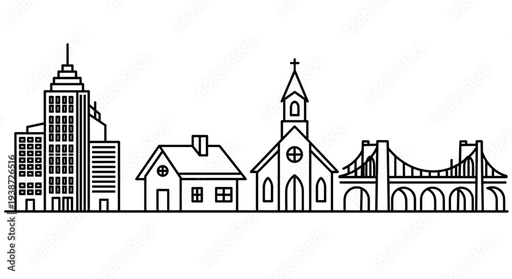 Obraz premium A minimalist vector illustration of a city skyline with various buildings and structures