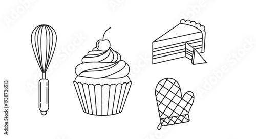 A set of baking icons including a whisk, cupcake, cake slice, and oven mitt in a minimalist line art style