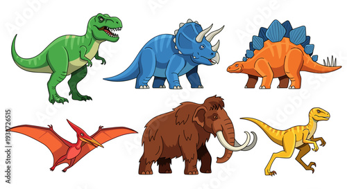A colorful vector illustration of six different dinosaurs and a prehistoric mammal in a cartoon style
