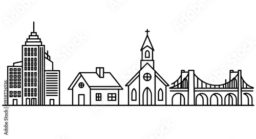 A minimalist vector illustration of a city skyline with various buildings and structures