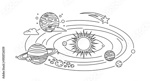 A minimalist vector illustration of the solar system with planets and sun in a simple line art style