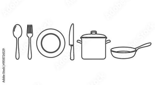 A minimalist vector illustration of kitchen utensils and dishware on a white background