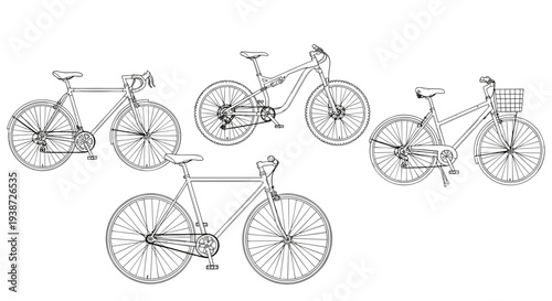 A set of bicycle illustrations in a minimalist line art style