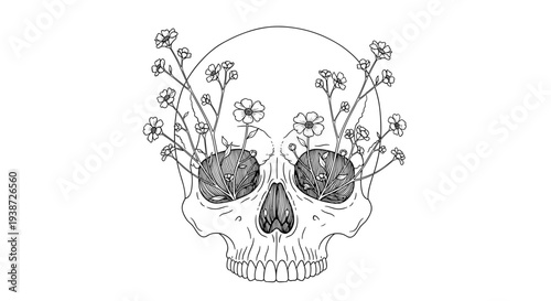 A minimalist line art illustration of a human skull with flowers growing out of it