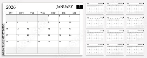 2026 monthly black and white planner or calendar pages, week starts on Sunday, clean and simple vector design with copy space to make notes. 