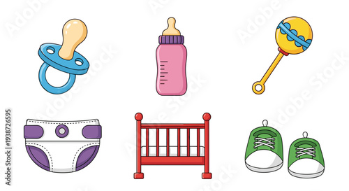 A colorful vector graphic illustration of baby items including a pacifier, bottle, rattle, diaper, crib, and shoes.