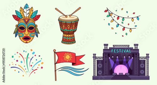 A vibrant vector graphic illustration of festive icons for a cultural celebration