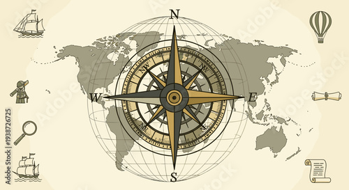 A vintage-style illustration of a compass on a world map with various navigation icons