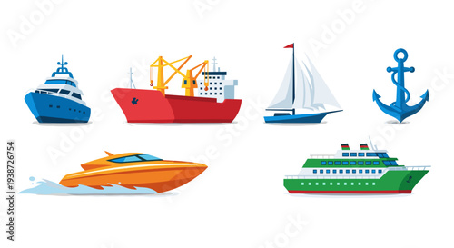 A colorful vector graphic illustration of various boats and ships, including a sailboat, cargo ship, and speedboat, with a nautical theme.