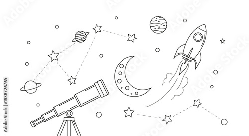 A minimalist vector illustration of a rocket ship and telescope in space with stars and planets
