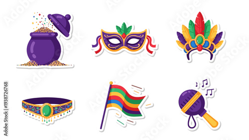 A vibrant set of colorful Mardi Gras icons and symbols in a flat vector graphic design