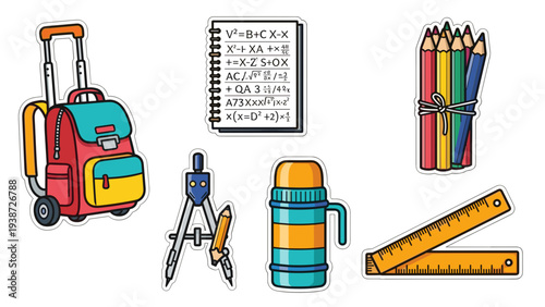 A colorful vector illustration of various school supplies and travel accessories