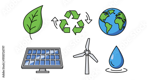A vector graphic illustration of eco-friendly icons representing sustainability and environmental conservation